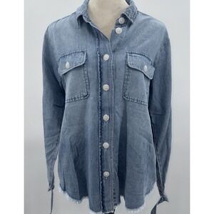 NEW Democracy Denim Shirt Button Up Long Sleeve Cropped Frayed Blue Small